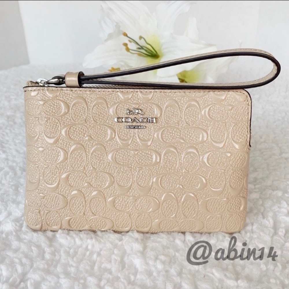 Coach Signature Embossed Patent Leather Corner Zip Wristlet Clutch